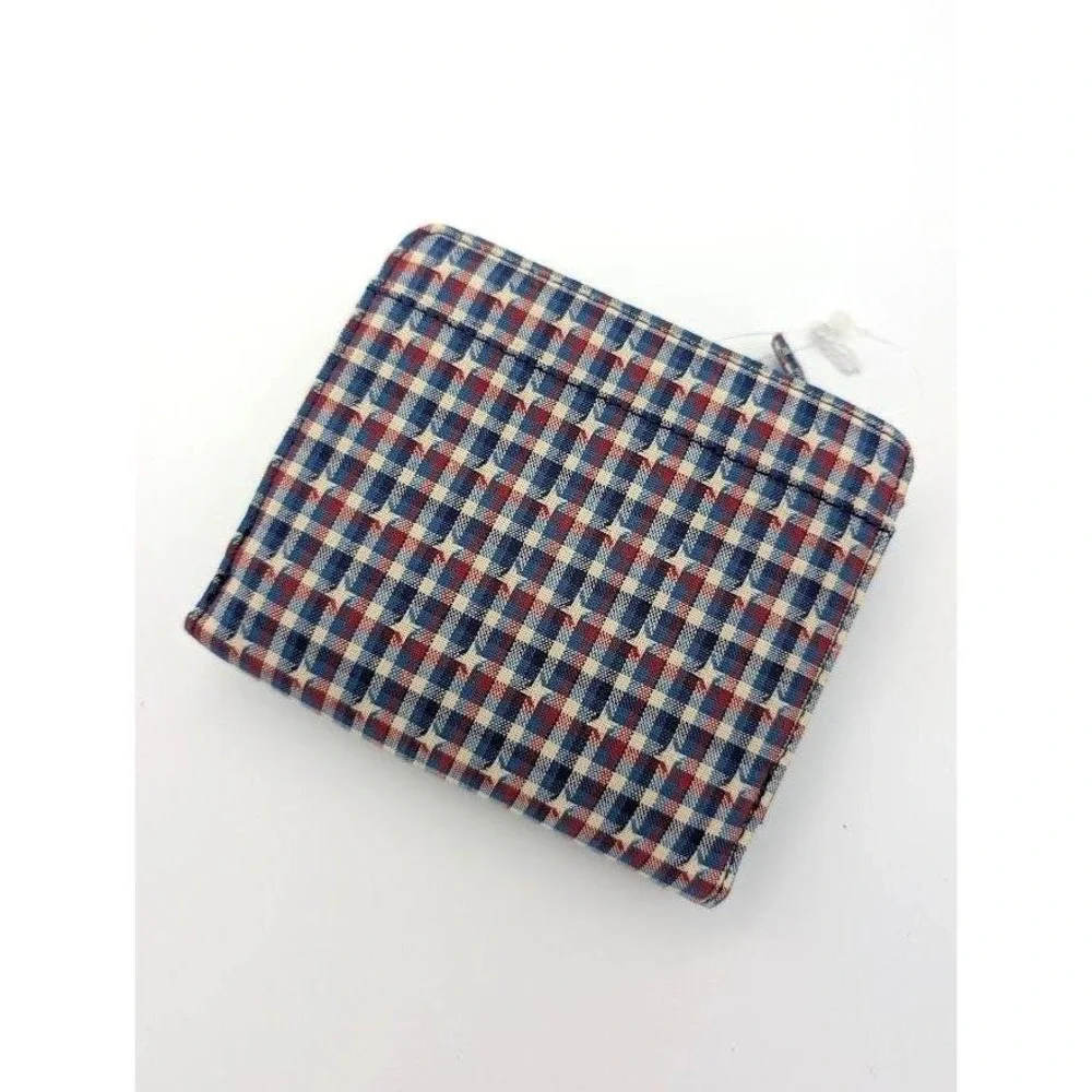 Longaberger Homestead Tri Fold Wallet Removable ID Fabric Country Plaid Blue NEW